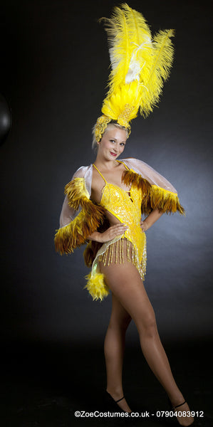 Burlesque yellow feather showgirl outfit for hire 