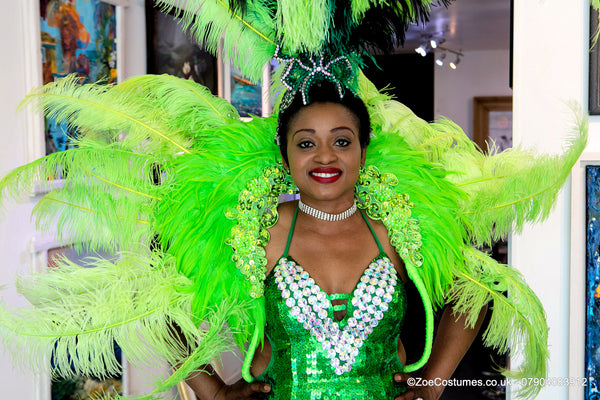 Green dancer outfit feather fans Burlesque London UK
