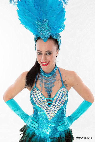 Blue Dance Costumes for Hire | Blue Headdress feather fans London