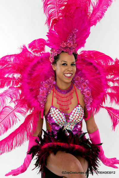 Magenta Samba Dancer Showgirl Costumes for Hire | Headdress feather fans
