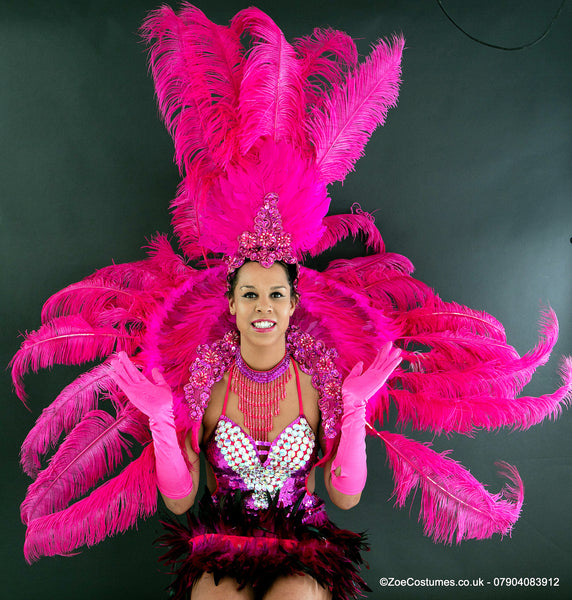 Magenta Showgirl Costumes for Hire | Headdress feather fans for Dancers UK