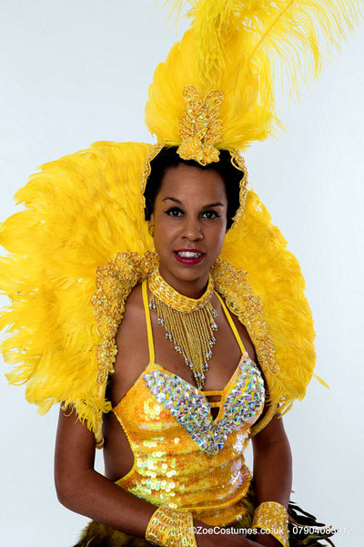 Yellow Samba Dancer outfits Feather fans for hire | Zoe London Dance Costumes for Hire | Notting Hill Carnival