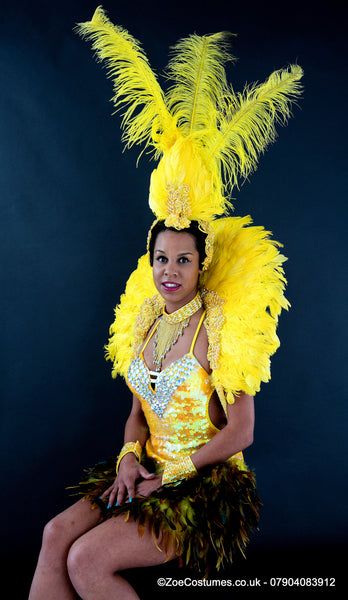 Yellow Showgirls Dance Costumes for Hire | Dancers Outfits Headdress feather fans London