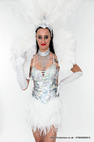 White Showgirl Dance Costumes for Hire | Headdress feather fans