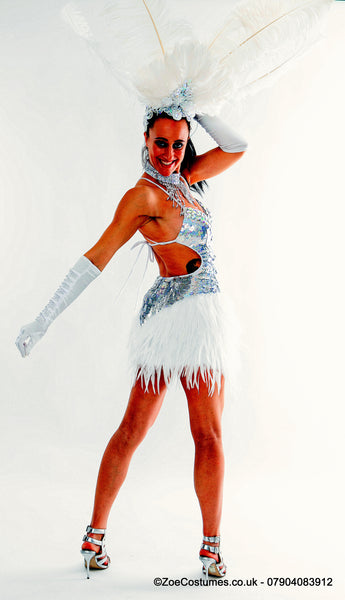 Silver Showgirl dance costume for hire | Zoe London Dance Costumes for rent