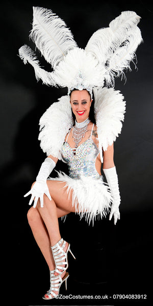 White Showgirl Costumes for Rent| White Headdress feather fans London hire outfits
