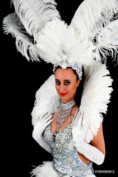 white Showgirl costume for hire | Zoe London Dance Costumes for Hire