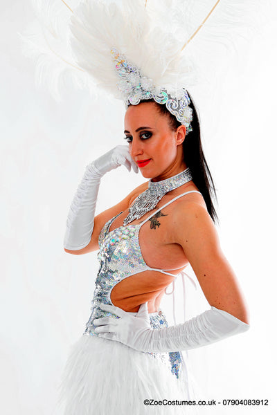 White Showgirl Feathers Dance Costumes for Hire | Headdress feather fans outfits