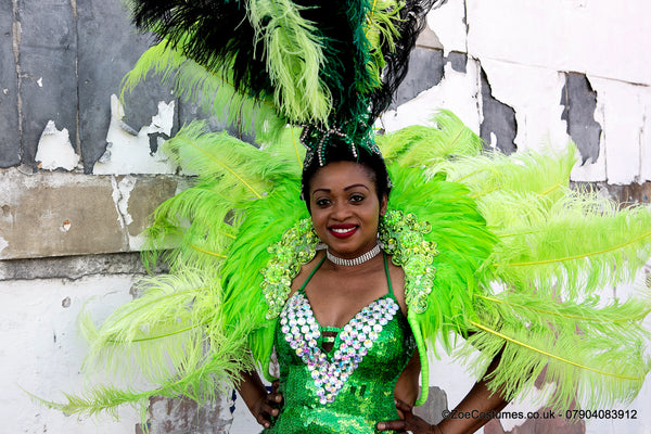 Green Feather Back Packs for hire Feather Fans hire Notting Hill Carnival Showgirl Costumes for Hire | Zoe London Outfits Rent