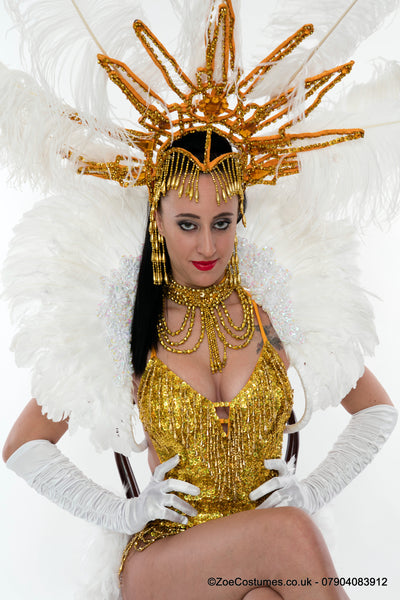 Gold Showgirl Headdress for Hire | Carnival Dancer Outfit for Rent in size 8 - 12 | Zoe London Costumes Hire
