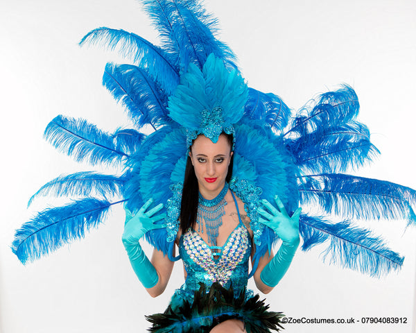 Blue Feather Fans hire Back packs Notting Hill Carnival Showgirl Costumes for Hire | Zoe London Outfits Rent