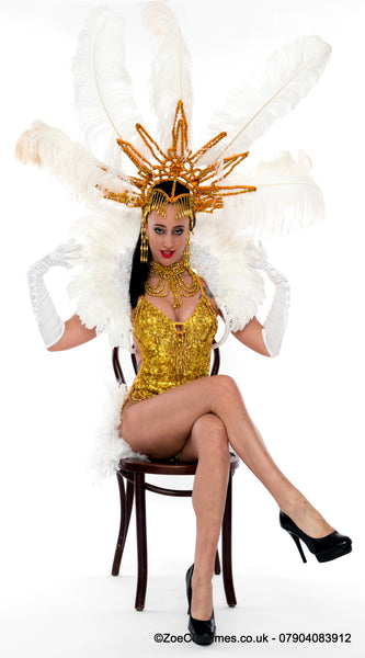 White Salsa feather headdress dance costumes for hire | Zoe London Dance outfits for Hire