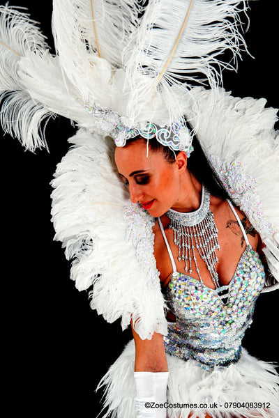 White Feathers Back Packs for hire in all Colours | Notting Hill Carnival Dancer Costumes for Hire | Zoe London Costumes Rent