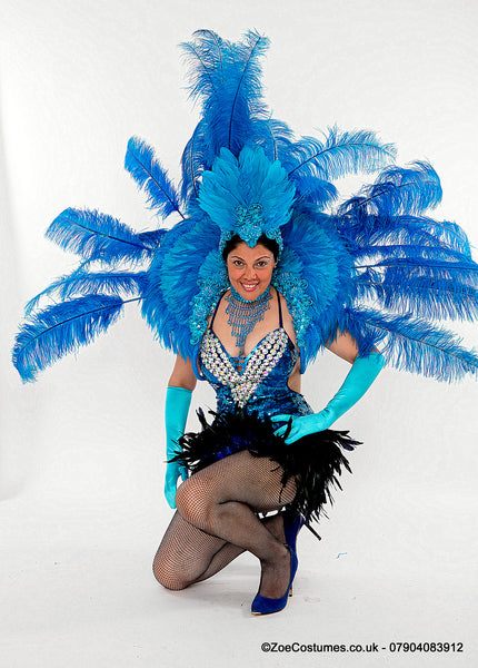 Blue Feather Back Packs for hire Dancer Costumes for Hire | Zoe London Costumes Rent