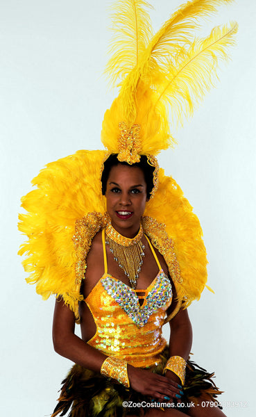 Yalow Feather Backpacks for hire Feather Fans hire Notting Hill Carnival Showgirl Costumes for Hire | Zoe London Outfits Rent