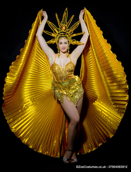 Gold Sequin Showgirl headdress for Hire Notting Hill Carnival Dancer Costumes for Hire | Zoe London Costumes Rent