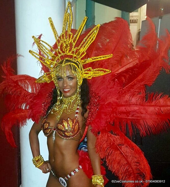 Red and Gold Showgirl Dance Costume for Hire | Carnival Dancer Outfit for Rent in size 8 - 12 | Zoe London Costumes Hire