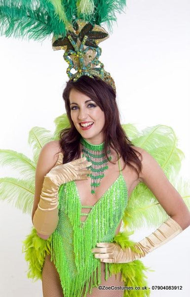 Green Showgirl Costume for Hire | Feather Fans Outfits for Hire Notting Hill Carnival style costume offer