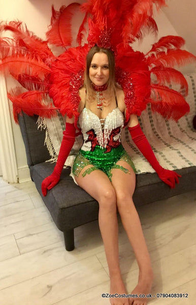 Red backpacks Feather Fans hire Notting Hill Carnival Showgirl Costumes for Hire | Zoe London Outfits Rent