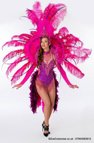 Magenta Showgirl Feather Fans hire Notting Hill Carnival Showgirl Costumes for Hire | Zoe London Outfits Rent