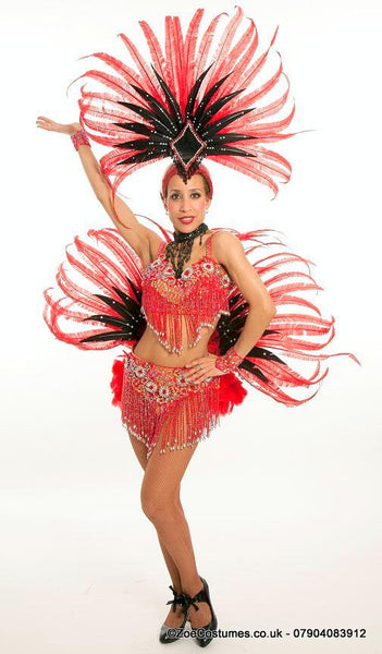 Red showgirl outfits with feather plumes hire london uk