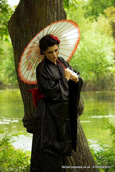 Geisha Black Kimono Dress for Hire: Get the perfect outfit for your next Japanese-themed party or event!