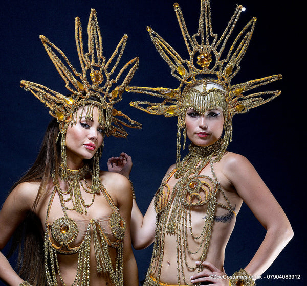 Golden Headdresses feather fans outfit for Dancers. Zoe London Dance costumes for hire