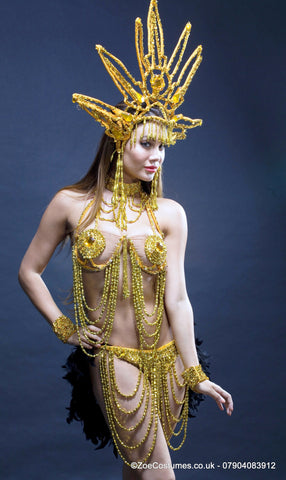 Gold Sequin Showgirl Costume for Hire Notting Hill Carnival Dancer Costumes for Hire | Zoe London Costumes Rent