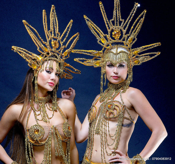 Gold Showgirl Headdress Costume for Hire | Carnival Dancer Outfit for Rent in size 8 - 12 | Zoe London Costumes Hire