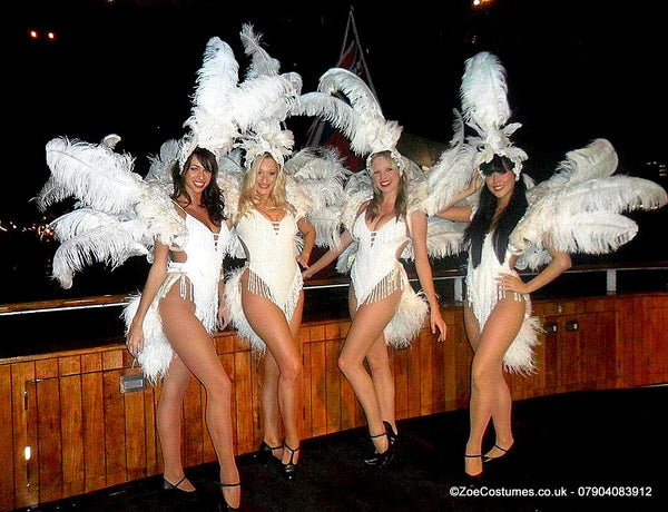 White Feather Fans hire Notting Hill Carnival Showgirl Costumes for Hire | Zoe London Outfits Rent UK