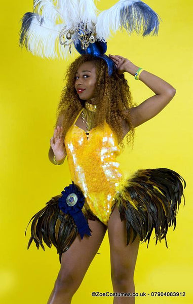 Yellow feathers Showgirl Dancer Costume for Hire | Zoe London Dance Costumes for Hire